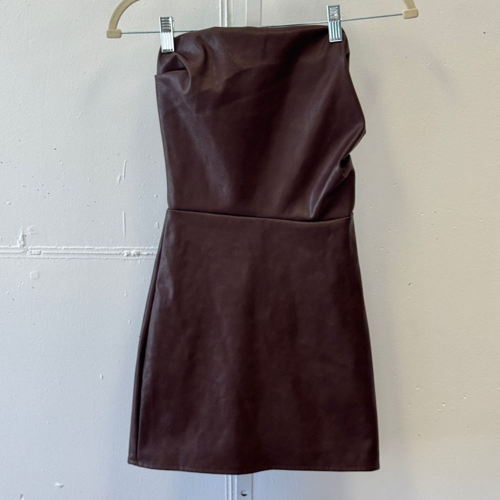 Y2K Edikted Brown Faux Leather Strapless Mini Dress Tube Bodycon Party